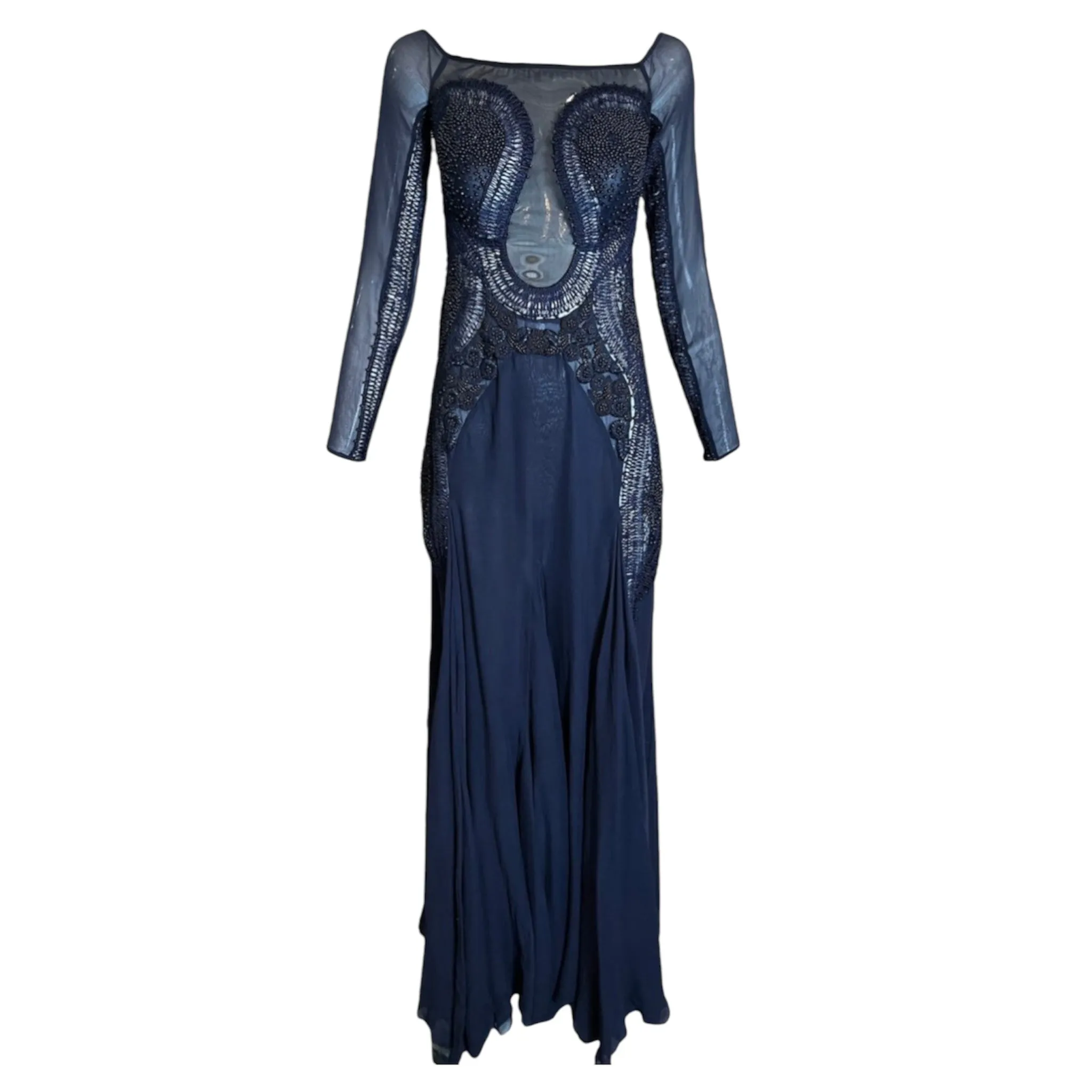 Roberto Cavalli 2000s Stunning Midnight Blue Sheer Mesh and Chiffon Embellished Gown, NWT