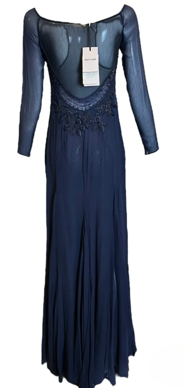 Roberto Cavalli 2000s Stunning Midnight Blue Sheer Mesh and Chiffon Embellished Gown, NWT