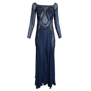 Roberto Cavalli 2000s Stunning Midnight Blue Sheer Mesh and Chiffon Embellished Gown, NWT