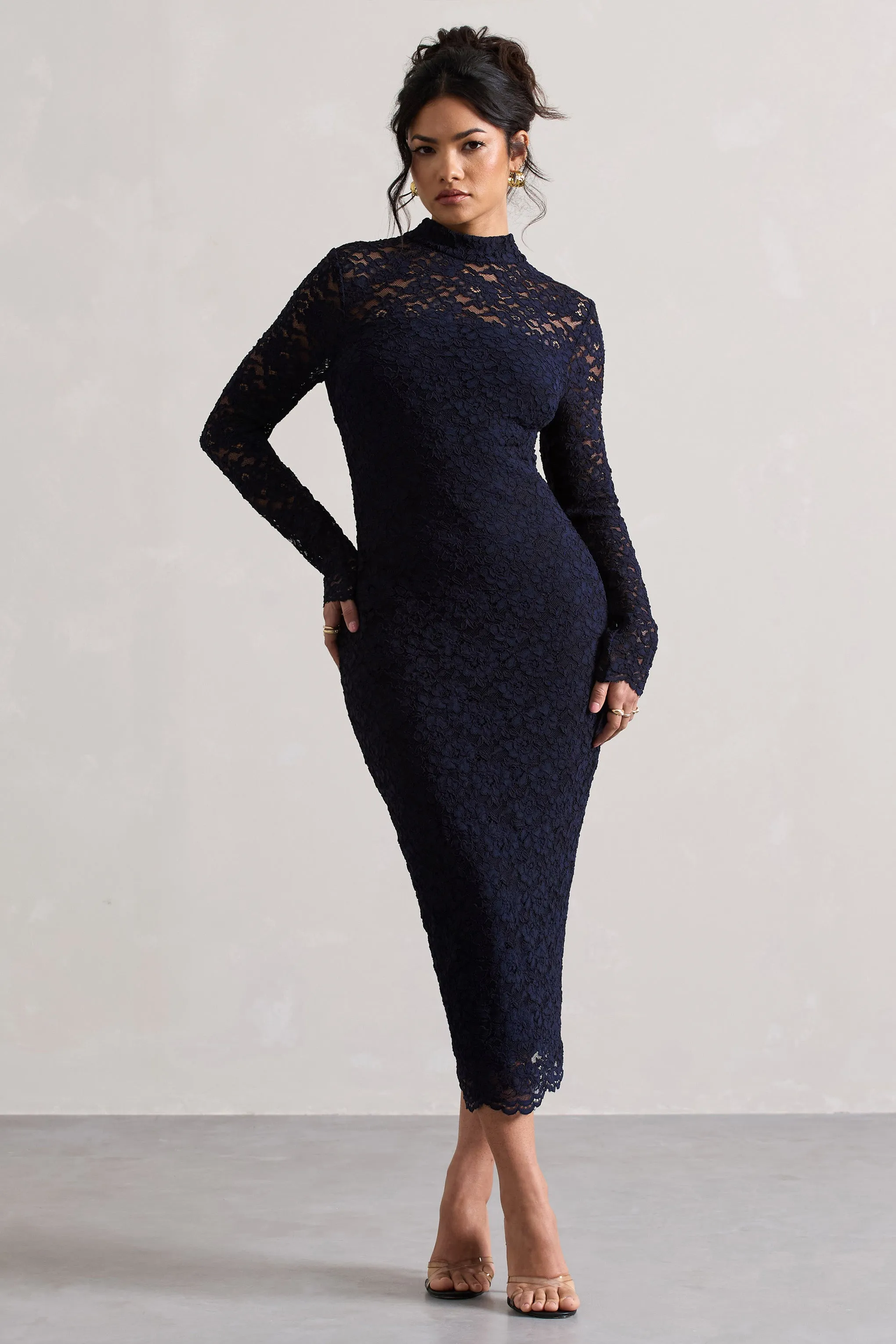 Rumour | Navy Lace High-Neck Midi Dress Club L London