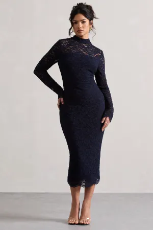 Rumour | Navy Lace High-Neck Midi Dress Club L London