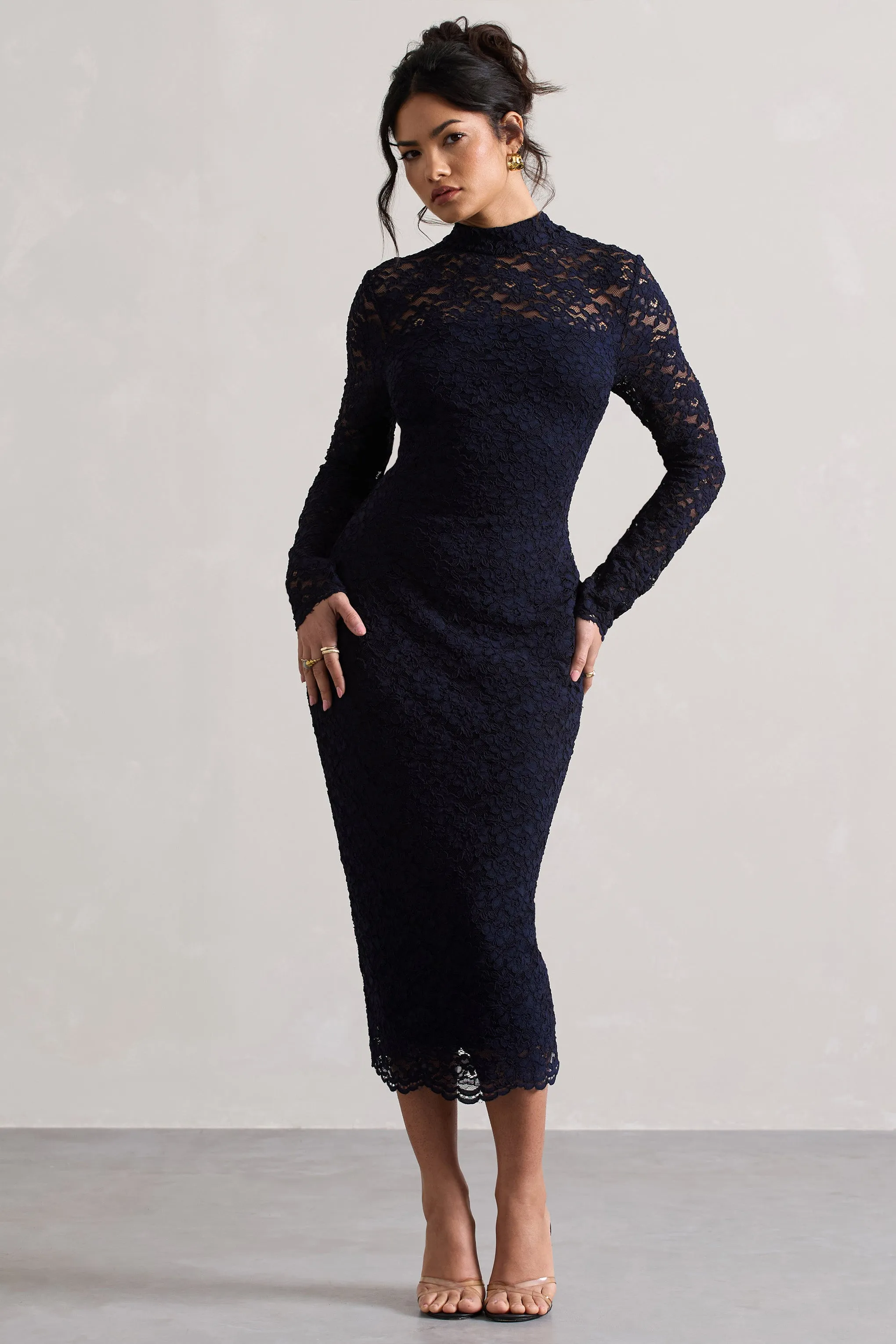 Rumour | Navy Lace High-Neck Midi Dress Club L London