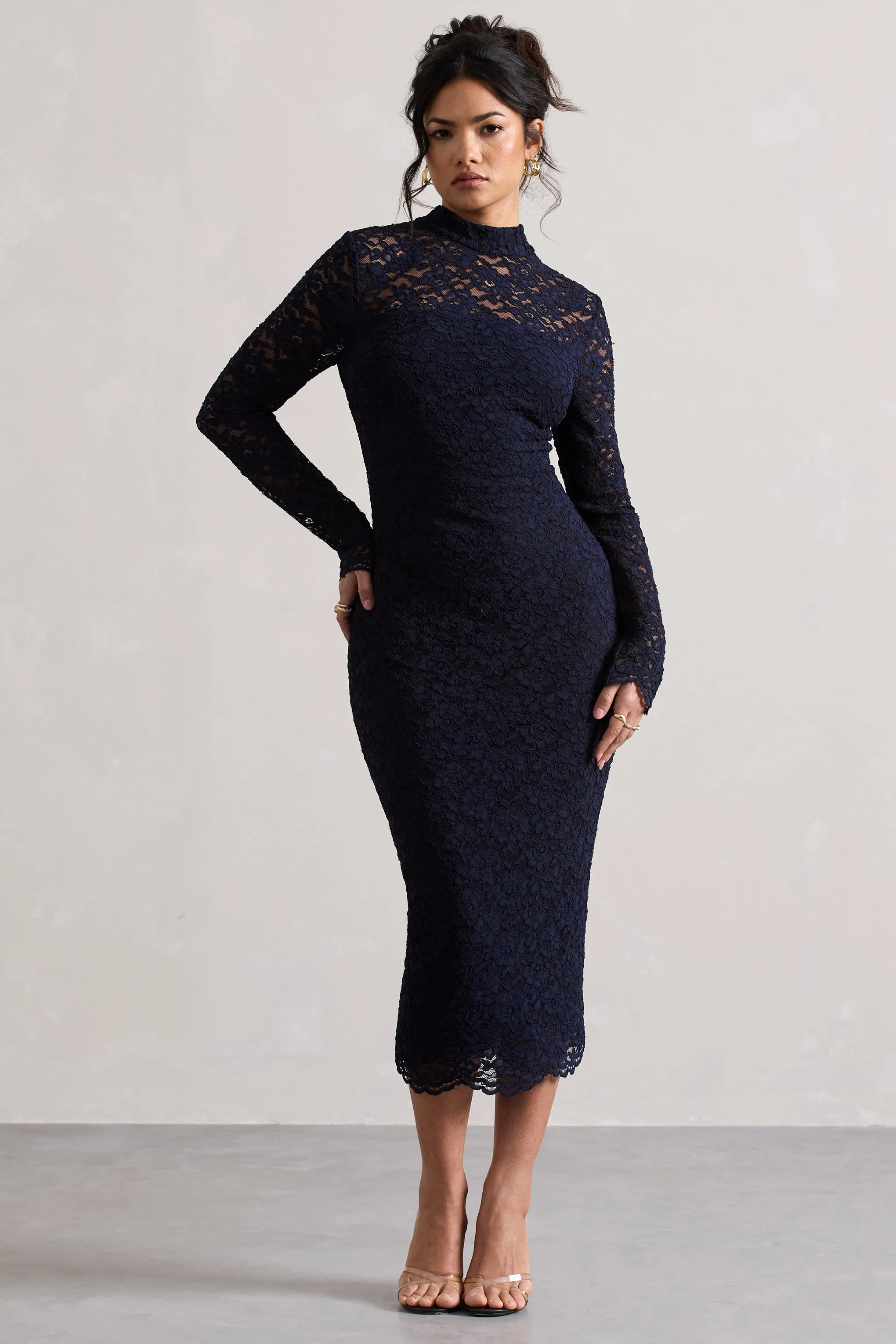Rumour | Navy Lace High-Neck Midi Dress Club L London