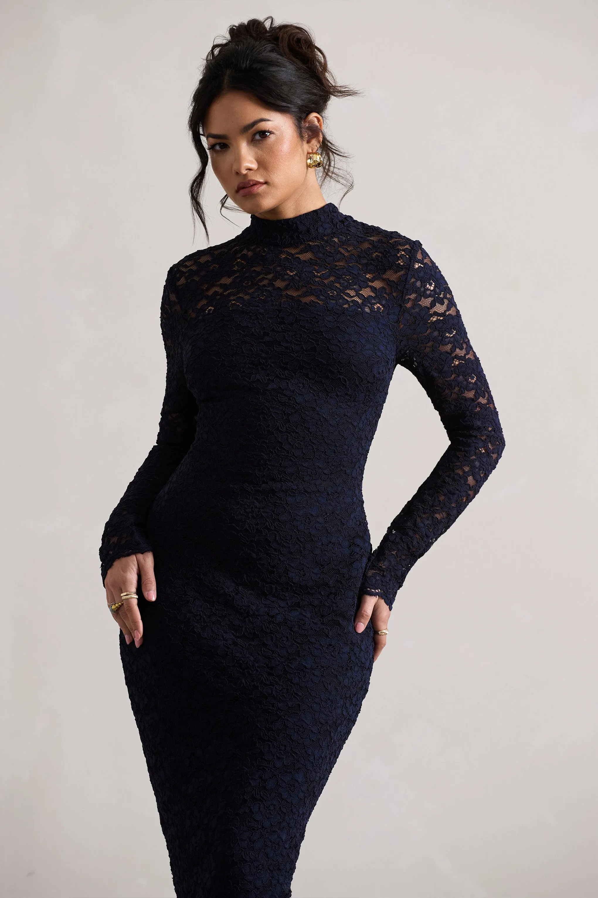 Rumour | Navy Lace High-Neck Midi Dress Club L London