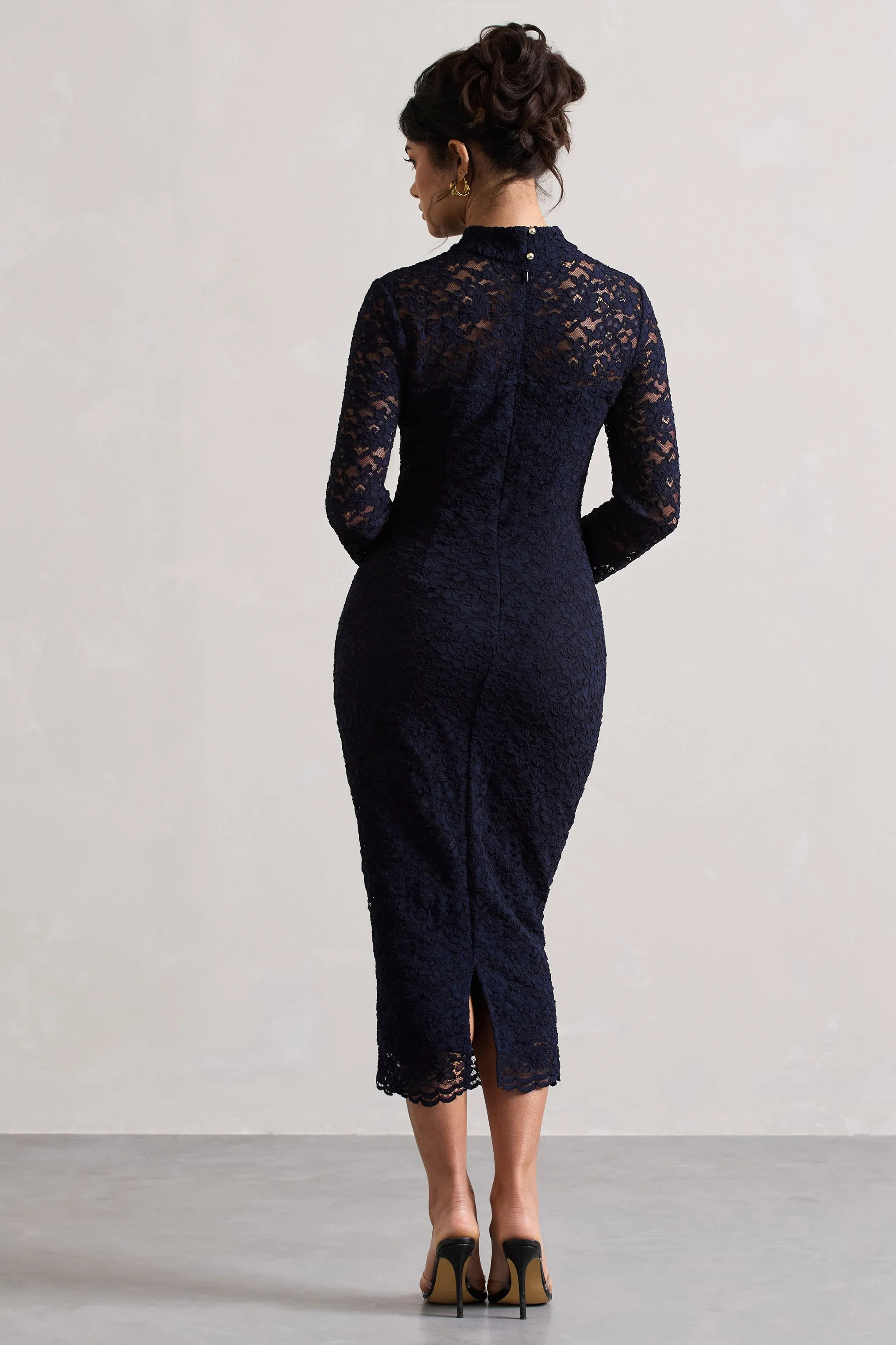 Rumour | Navy Lace High-Neck Midi Dress Club L London