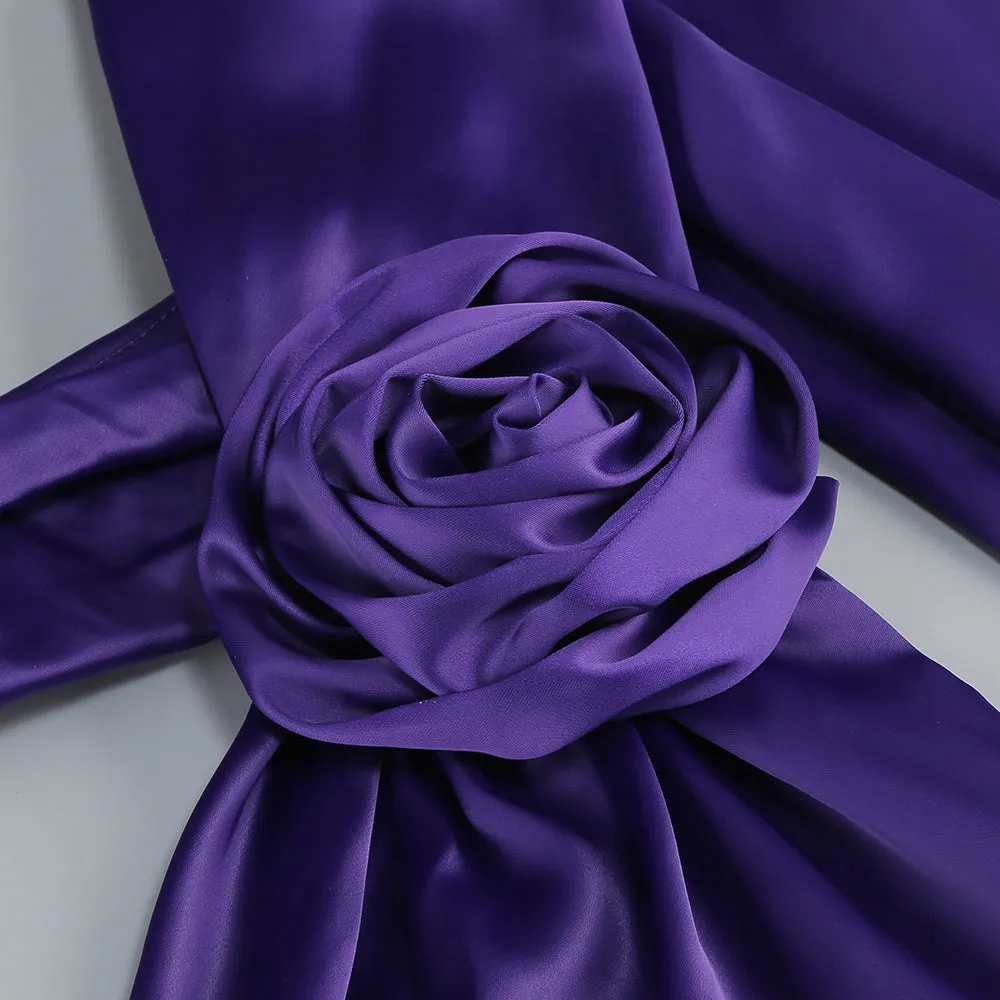 satin wrap halter gown with flower in purple Gloria Lanvin
