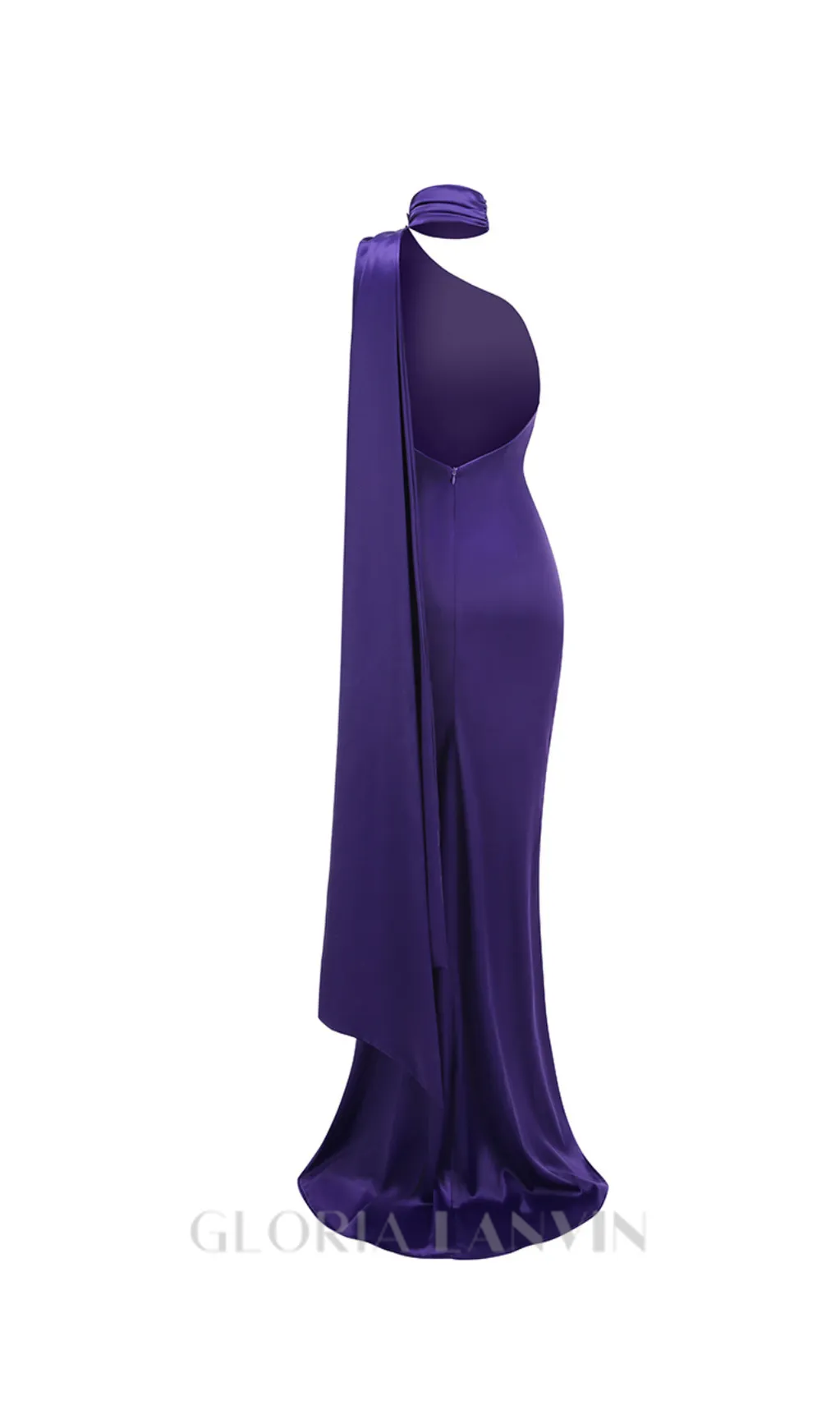 satin wrap halter gown with flower in purple Gloria Lanvin