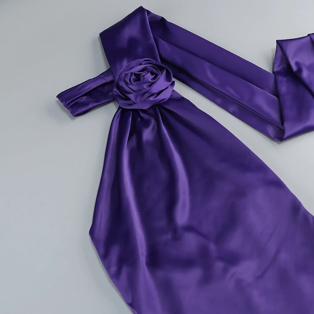satin wrap halter gown with flower in purple Gloria Lanvin