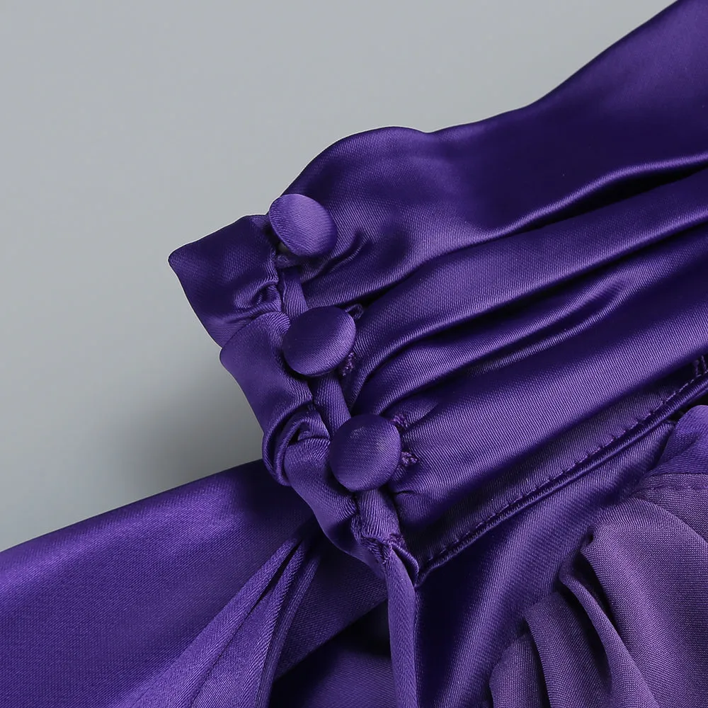 satin wrap halter gown with flower in purple Gloria Lanvin