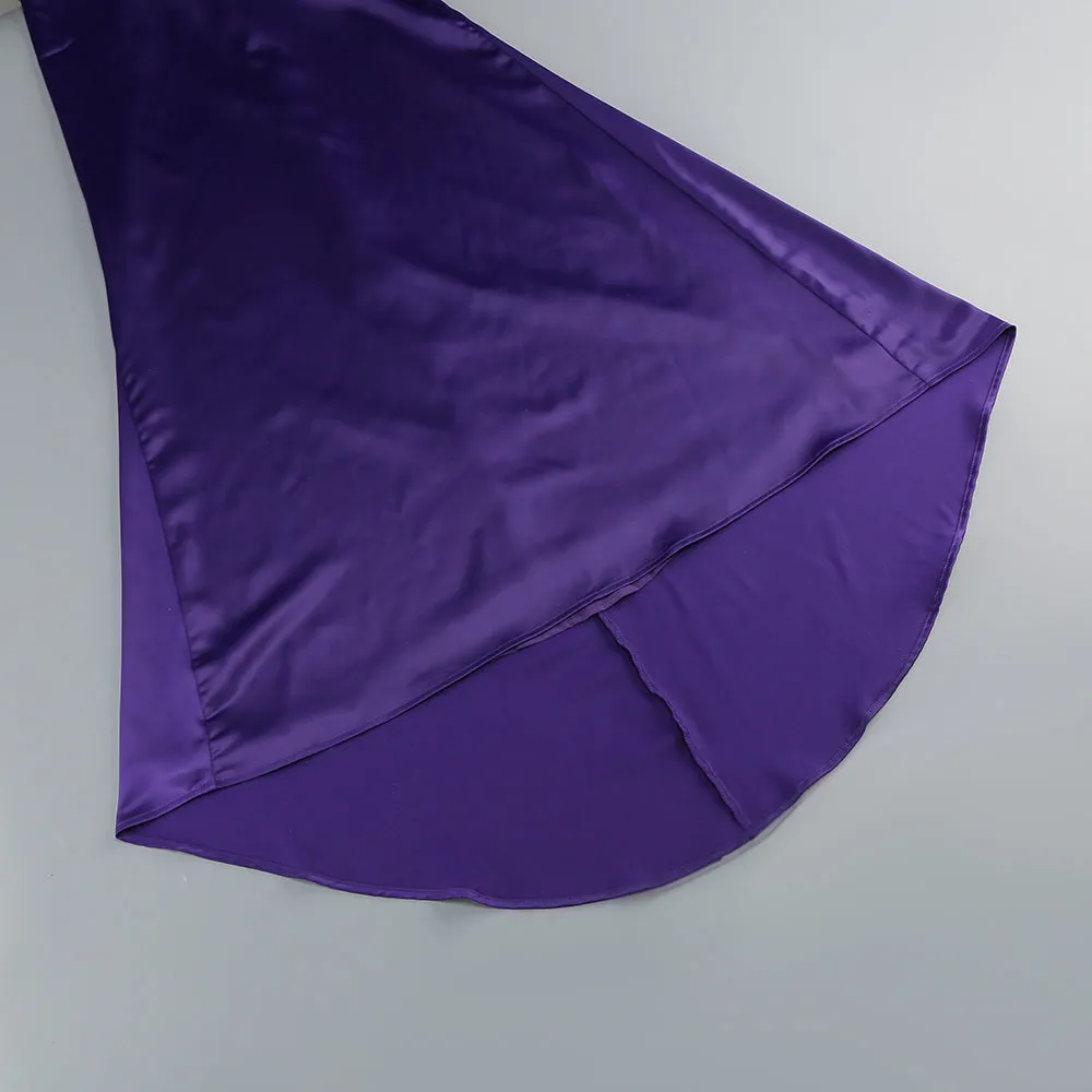 satin wrap halter gown with flower in purple Gloria Lanvin