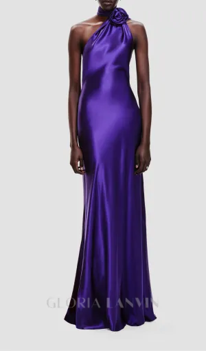 satin wrap halter gown with flower in purple Gloria Lanvin