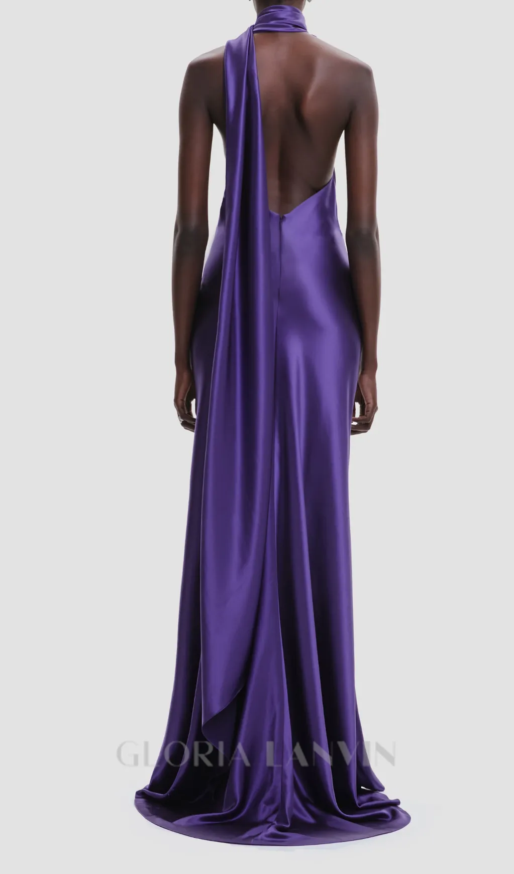 satin wrap halter gown with flower in purple Gloria Lanvin