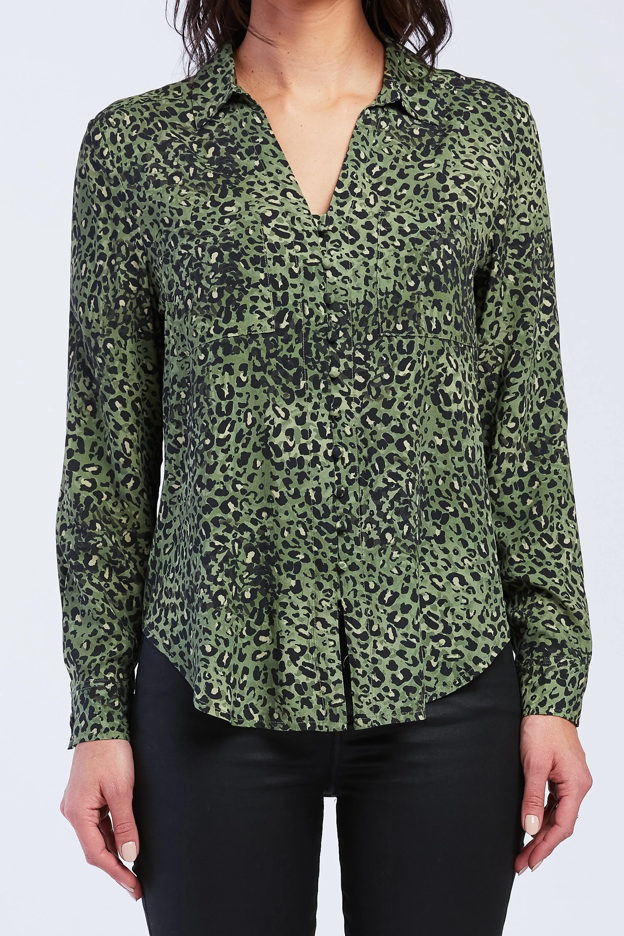 Selling Fast Eleni Long Sleeve Loop Button Down Closure Chest Patch Pockets Rounded Hem  Last Few Pieces!