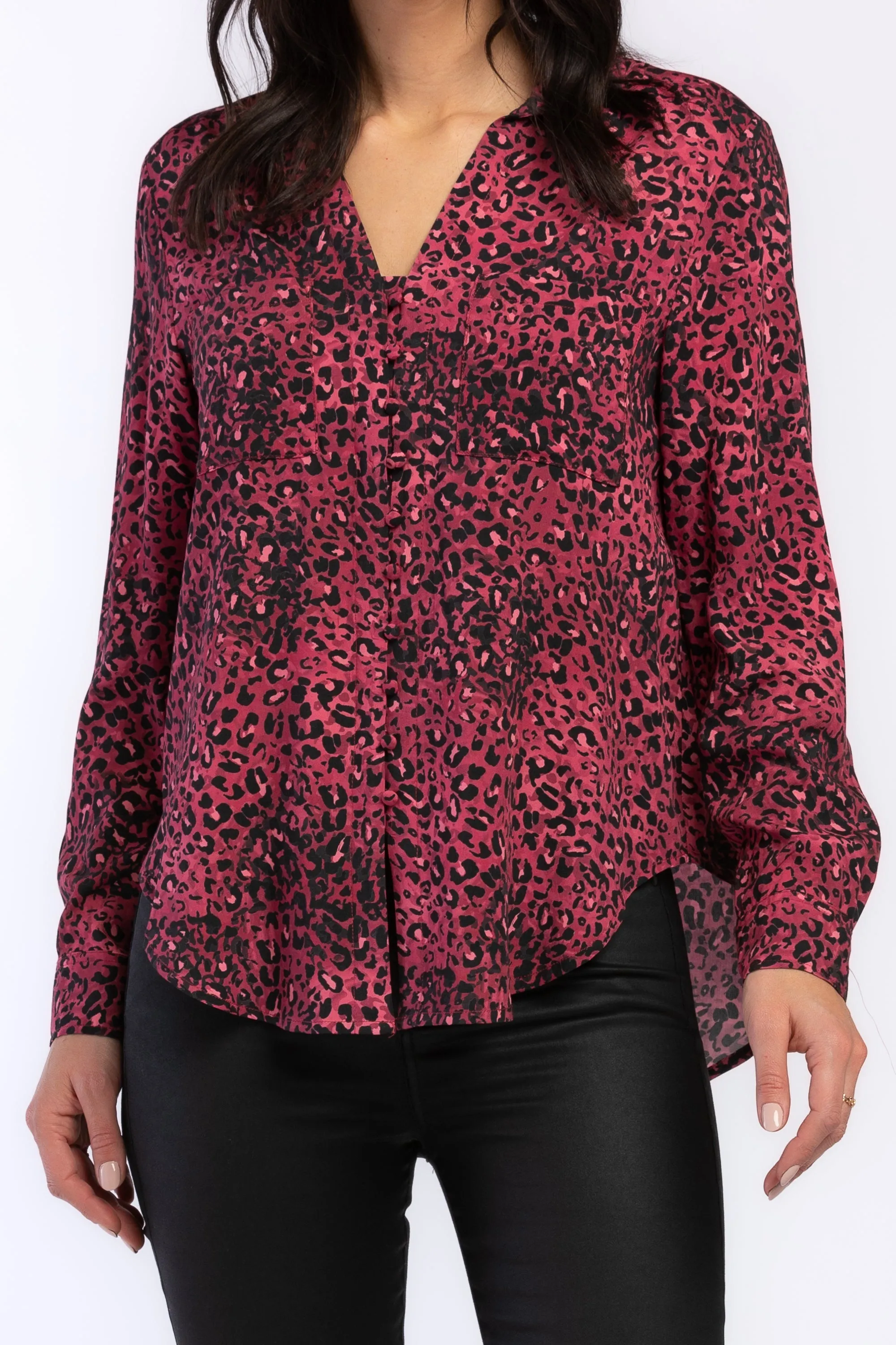 Selling Fast Eleni Long Sleeve Loop Button Down Closure Chest Patch Pockets Rounded Hem  Last Few Pieces!