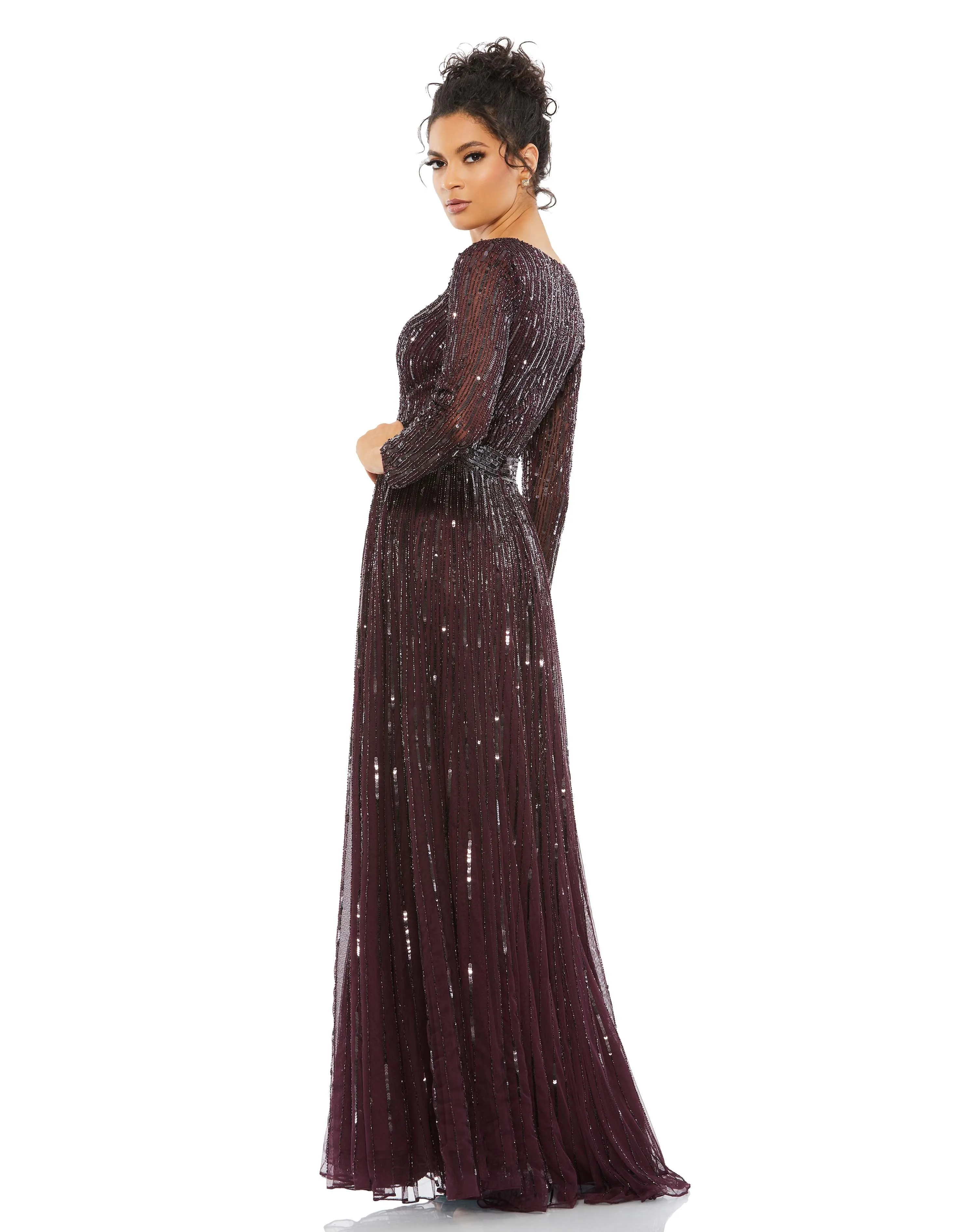 Sequined Long Sleeve Plunging V-Neck Gown