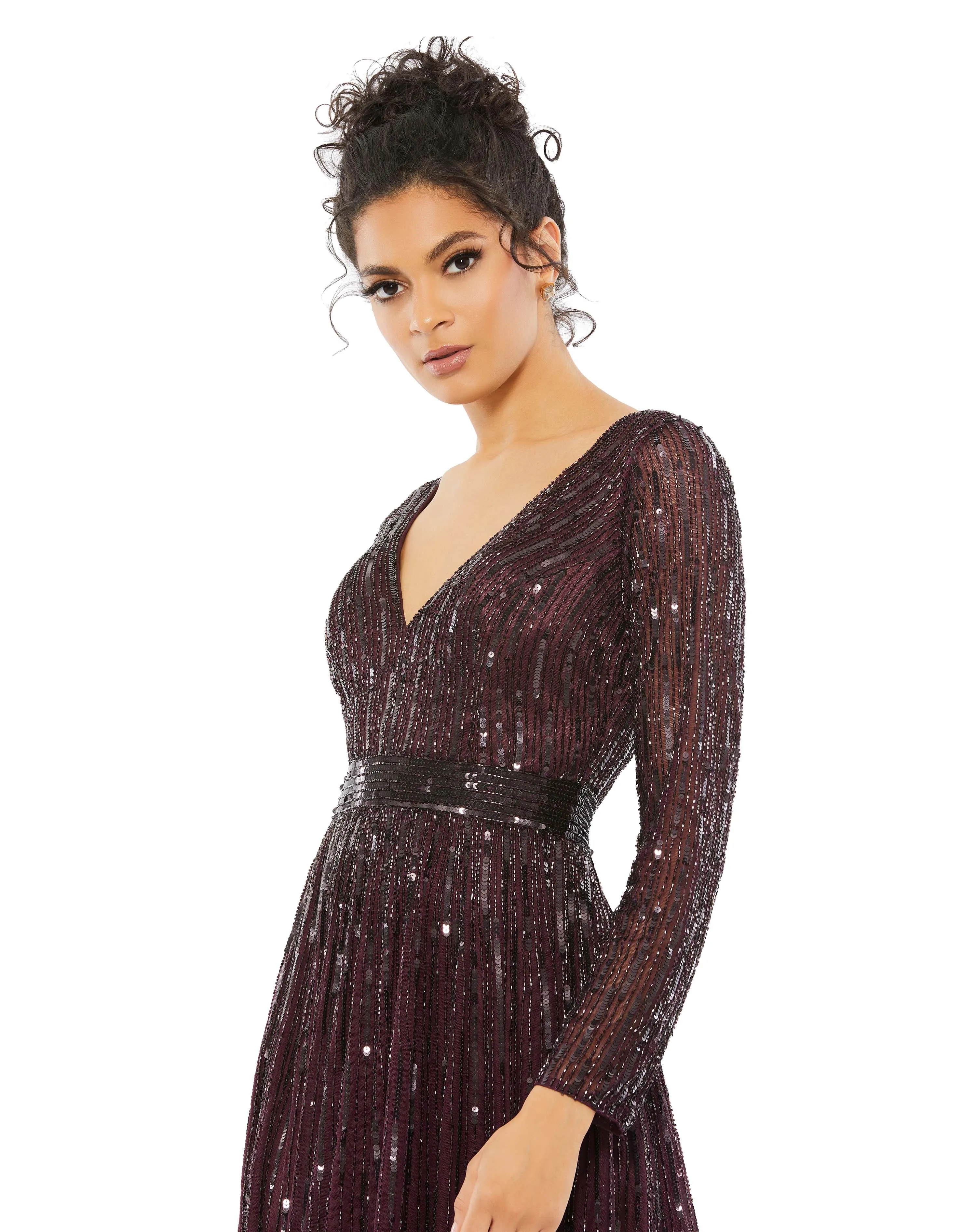 Sequined Long Sleeve Plunging V-Neck Gown