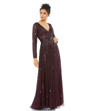 Sequined Long Sleeve Plunging V-Neck Gown