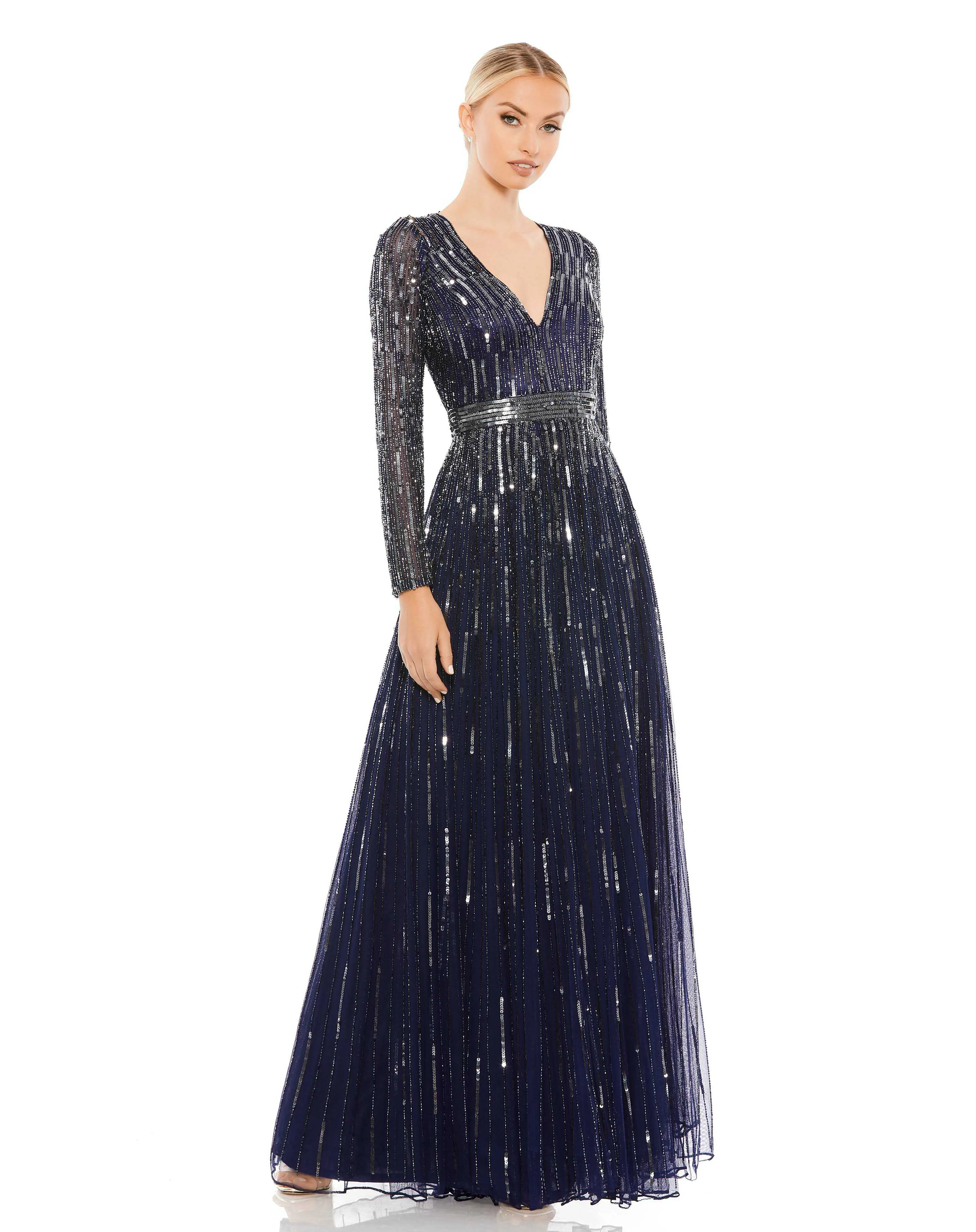 Sequined Long Sleeve Plunging V-Neck Gown