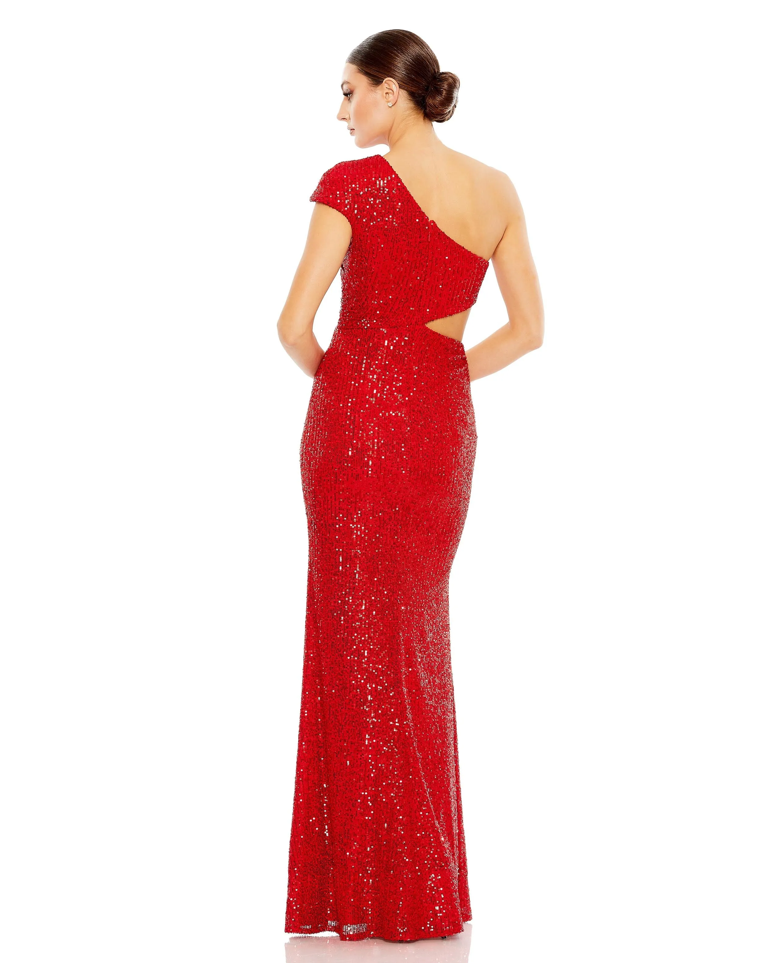Sequined One Shoulder Cap Sleeve Cut Out Gown