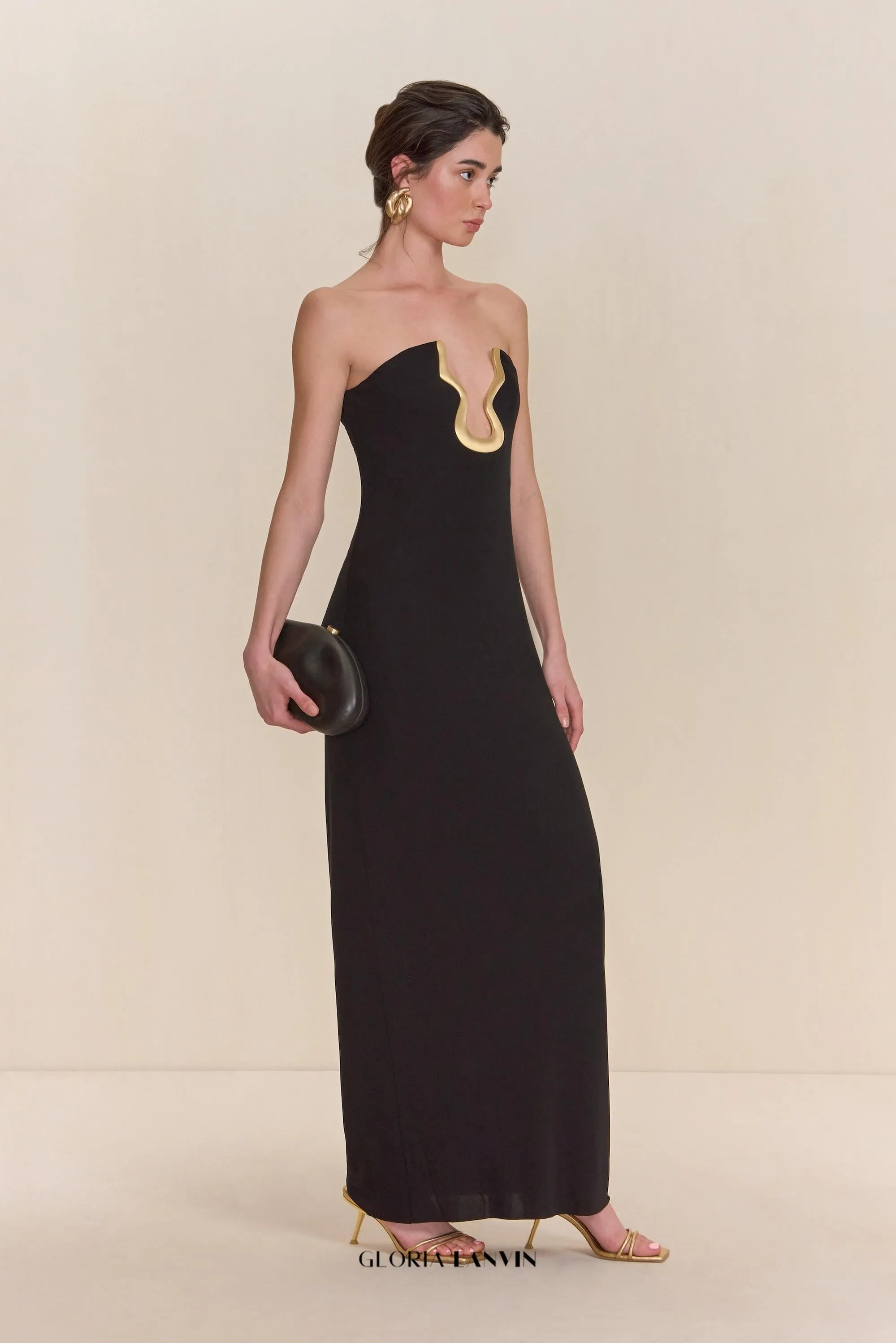 signature gold hardware cutout strapless column gown in black Gloria Lanvin