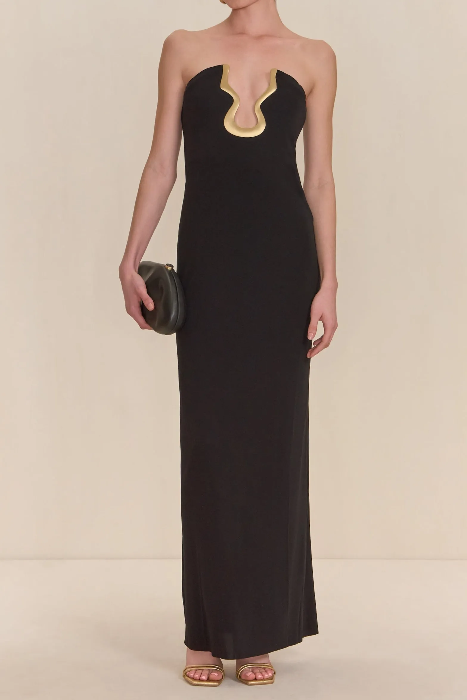 signature gold hardware cutout strapless column gown in black Gloria Lanvin