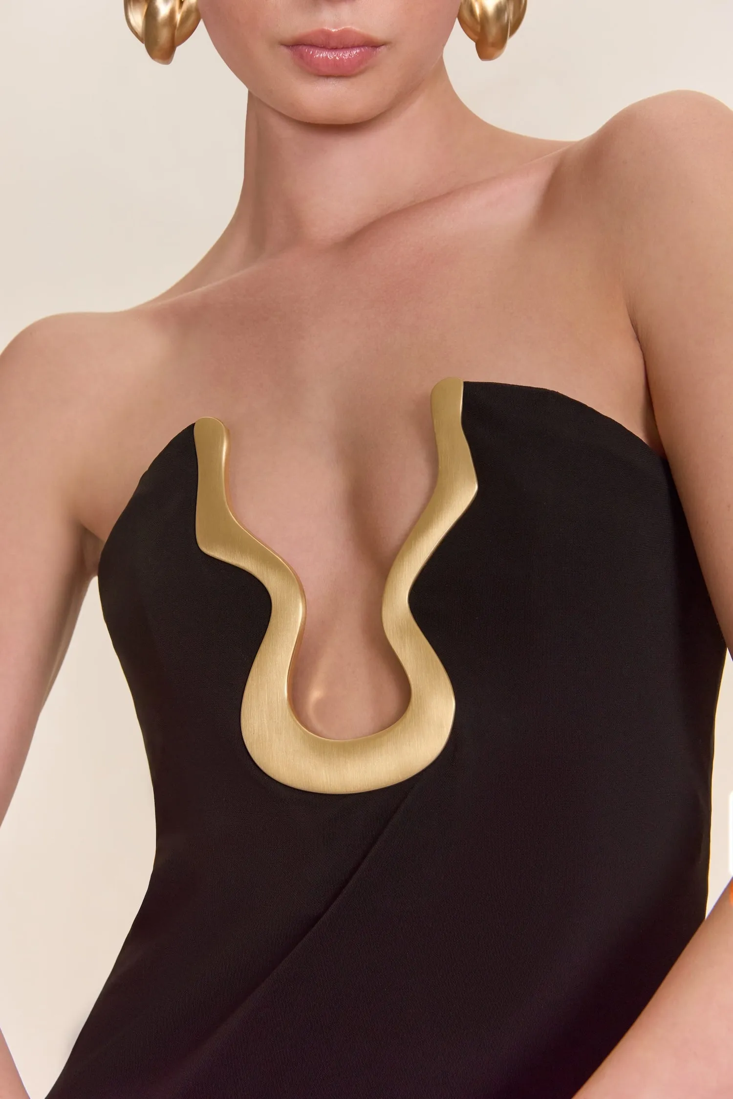 signature gold hardware cutout strapless column gown in black Gloria Lanvin