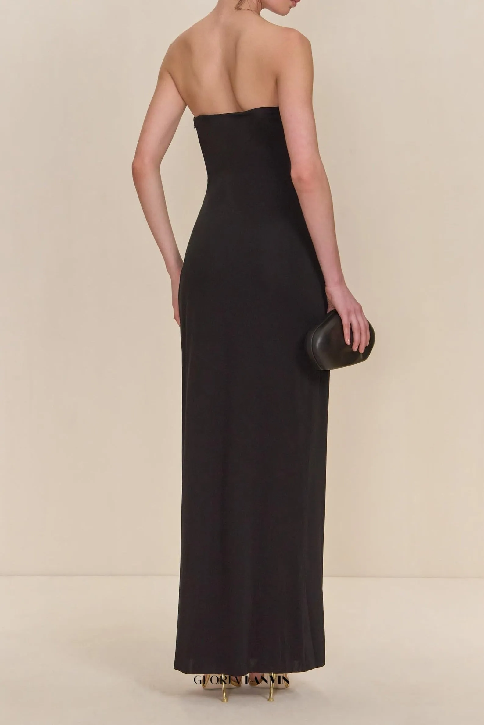signature gold hardware cutout strapless column gown in black Gloria Lanvin