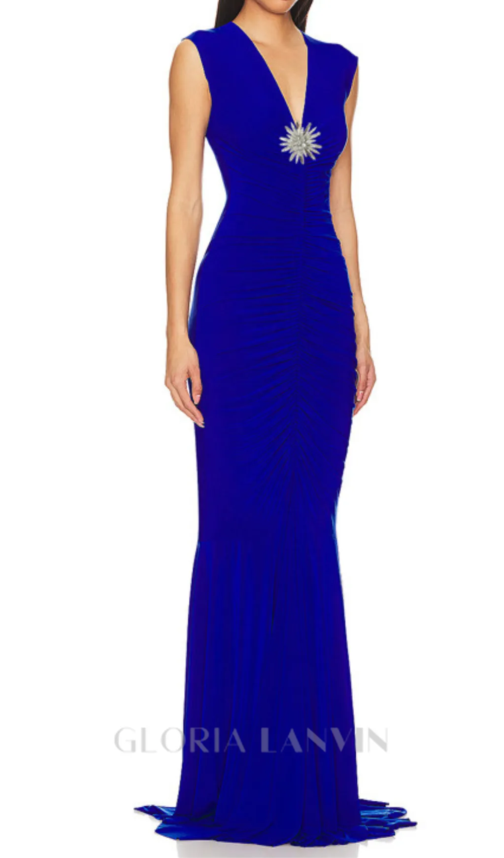 Sleeveless Deep V Neck Shirred Front Fishtail Gown Gloria Lanvin