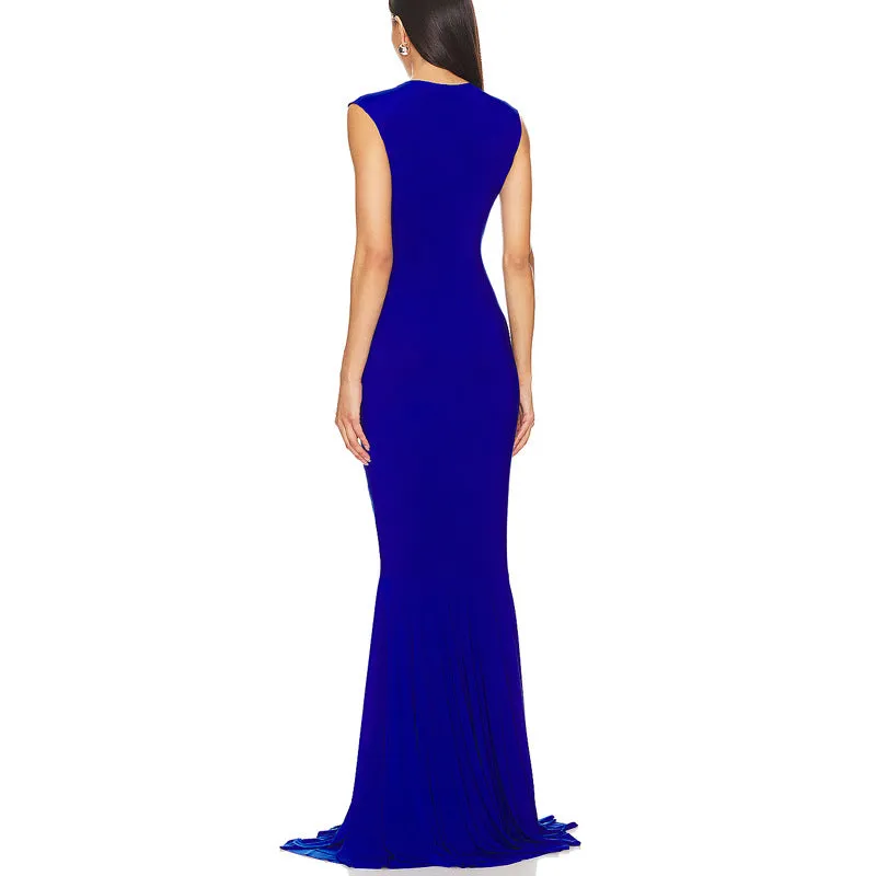 Sleeveless Deep V Neck Shirred Front Fishtail Gown Gloria Lanvin