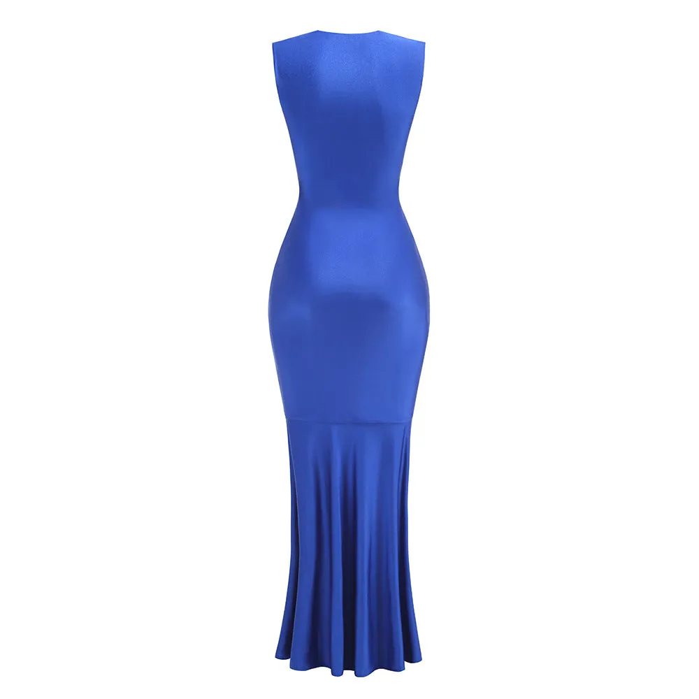 Sleeveless Deep V Neck Shirred Front Fishtail Gown Gloria Lanvin