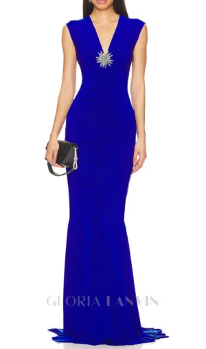 Sleeveless Deep V Neck Shirred Front Fishtail Gown Gloria Lanvin