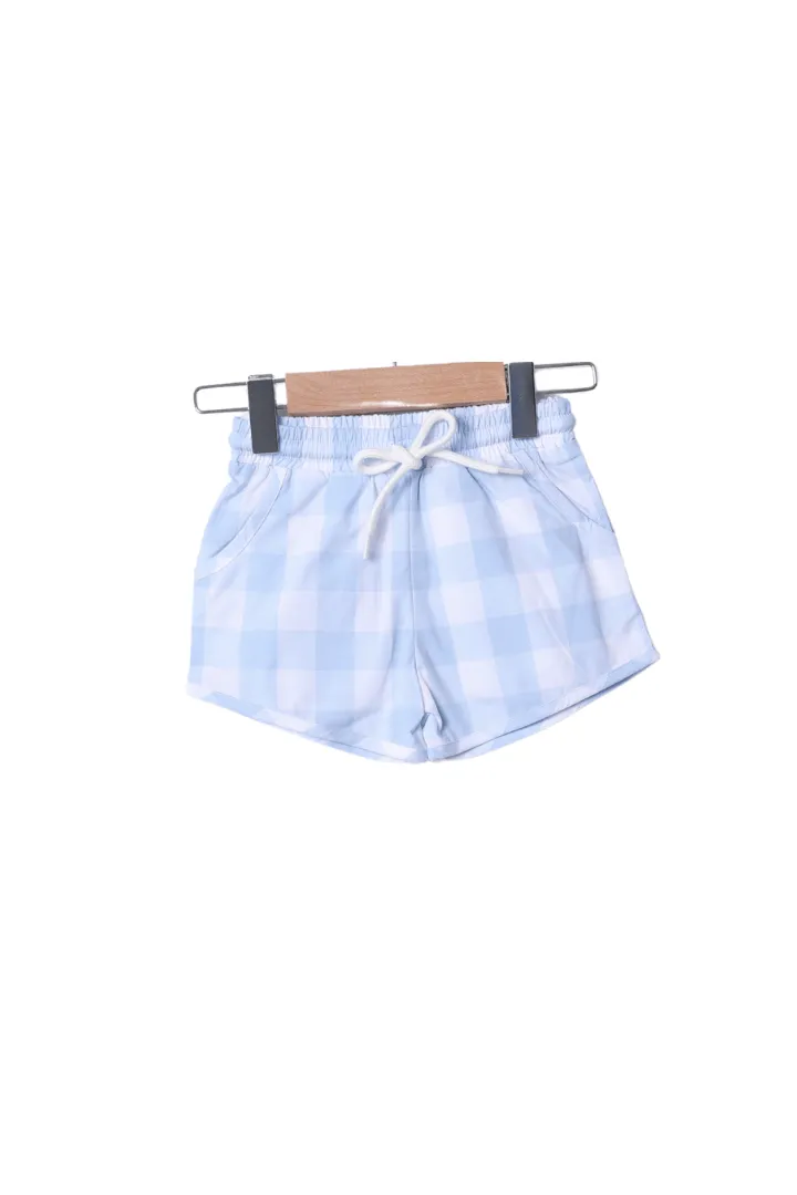 Smocked Blue Gingham Derby Short Set Smocked Flamingo