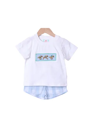 Smocked Blue Gingham Derby Short Set Smocked Flamingo