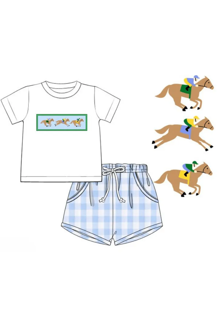 Smocked Blue Gingham Derby Short Set Smocked Flamingo