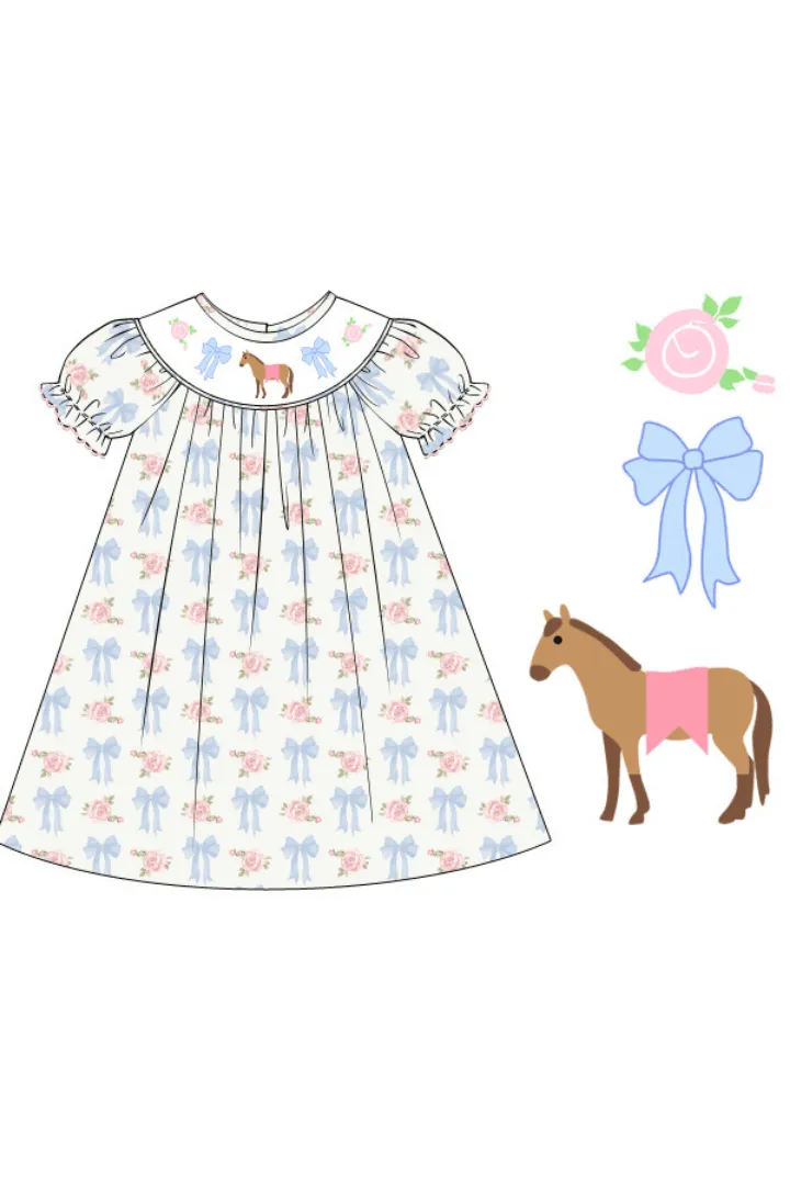 Smocked Run for the Roses Horse Dress Smocked Flamingo