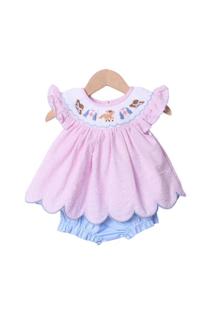 Smocked Run for the Roses Pink Gingham Derby Bloomer Set Smocked Flamingo