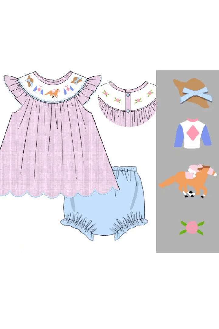 Smocked Run for the Roses Pink Gingham Derby Bloomer Set Smocked Flamingo