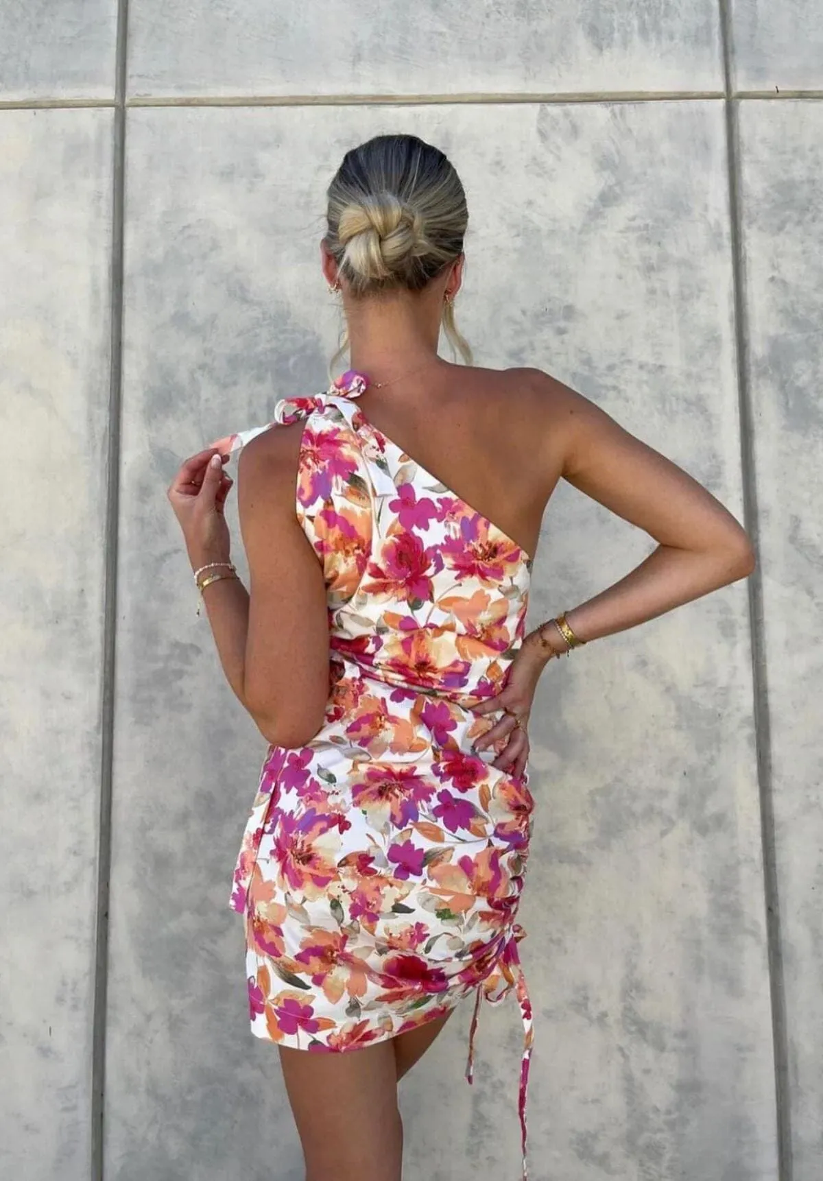 Stella Asymmetric Ruched Mini Dress - Pink Peach Floral