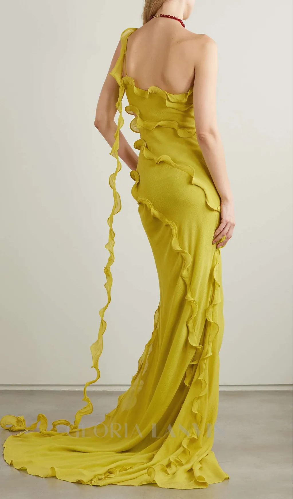 TABITHA YELLOW ONE-SHOULDER ASYMMETRIC CUTOUT GOWN Gloria Lanvin