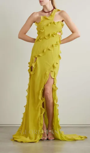 TABITHA YELLOW ONE-SHOULDER ASYMMETRIC CUTOUT GOWN Gloria Lanvin