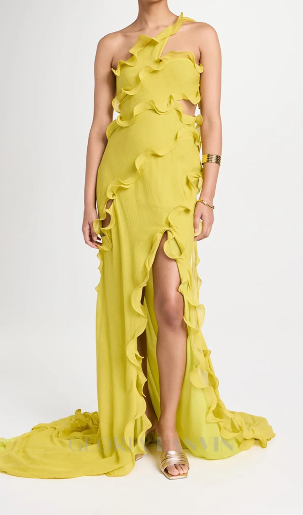 TABITHA YELLOW ONE-SHOULDER ASYMMETRIC CUTOUT GOWN Gloria Lanvin