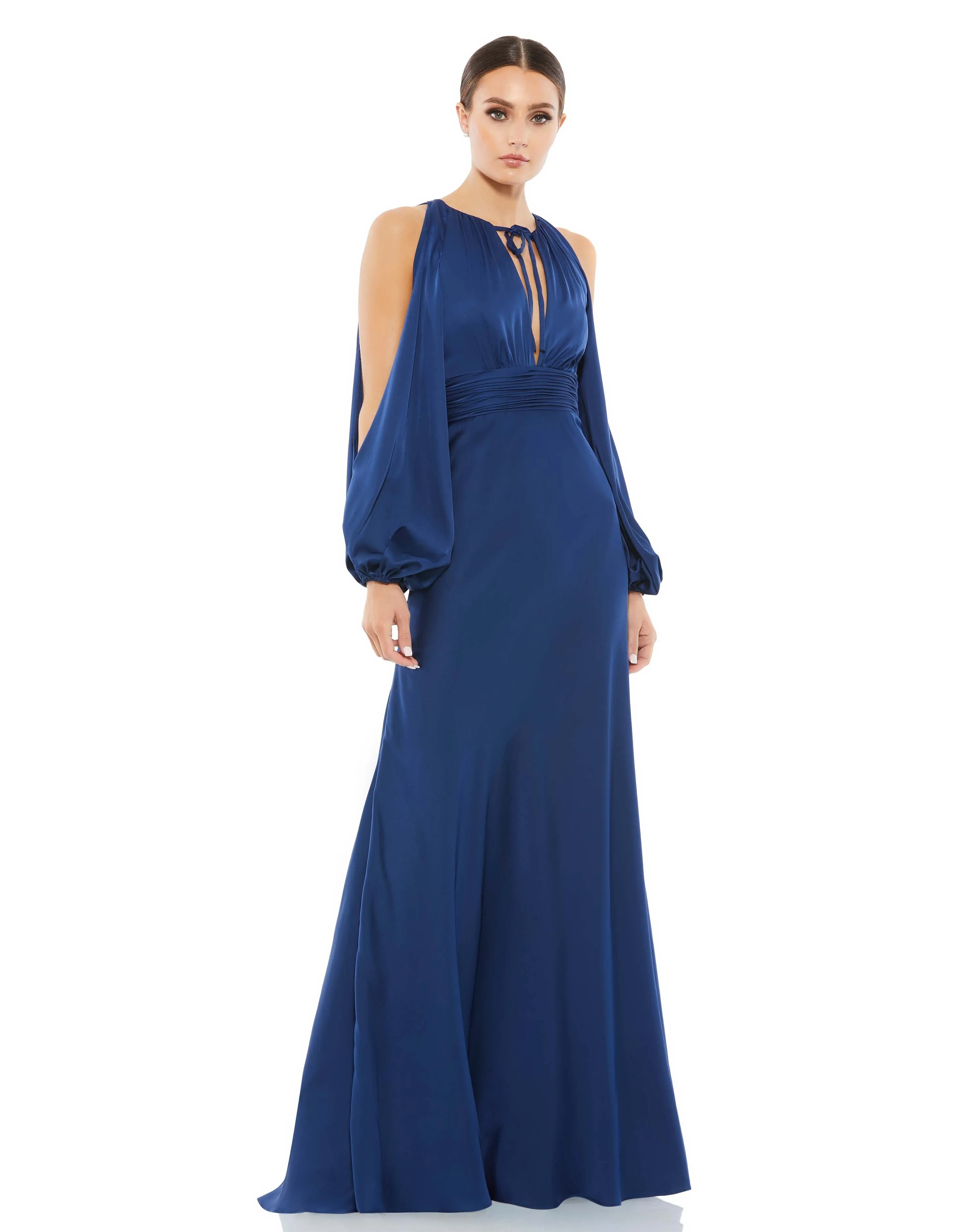 Tied Keyhole Cold Shoulder Bishop Sleeve Gown