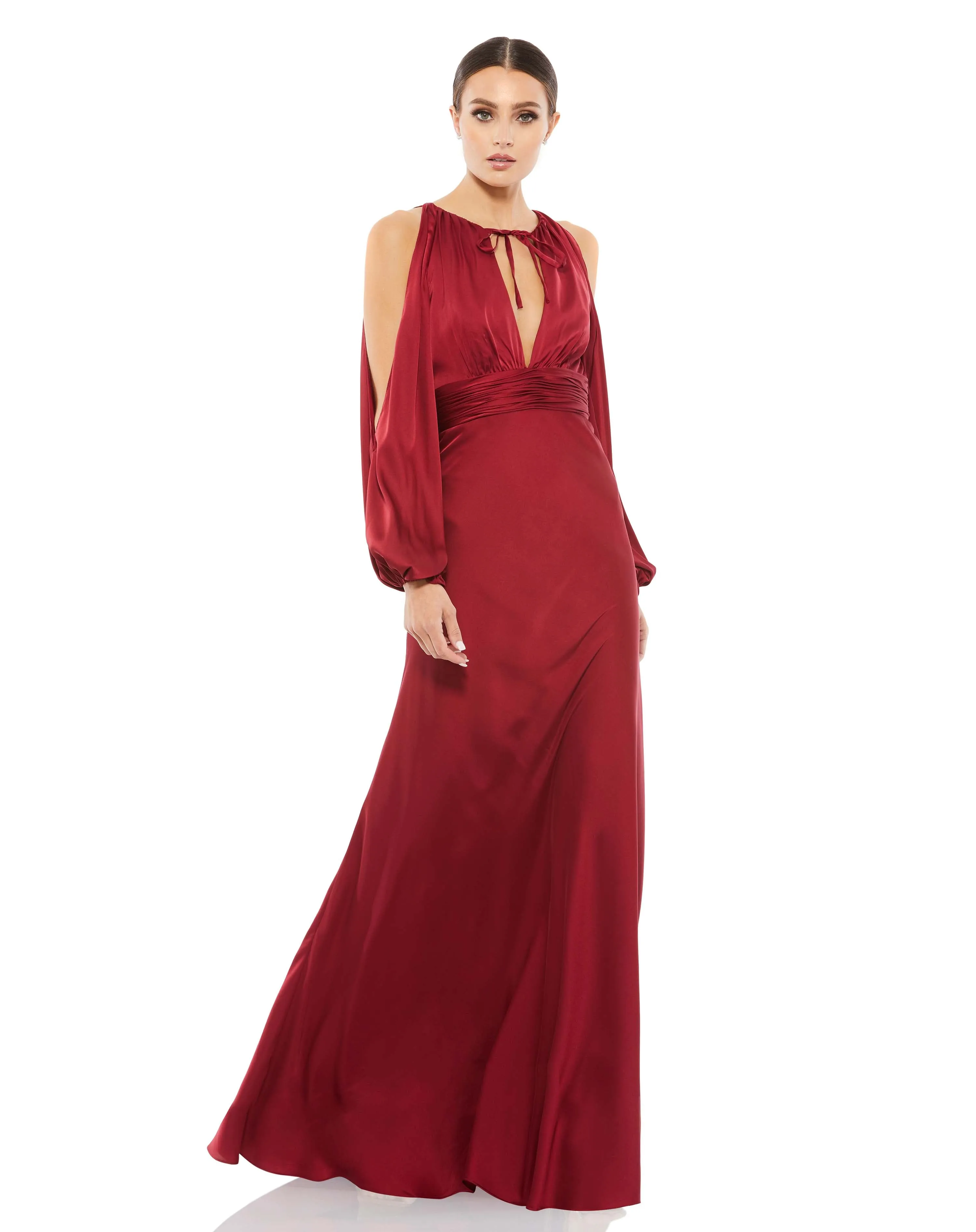 Tied Keyhole Cold Shoulder Bishop Sleeve Gown