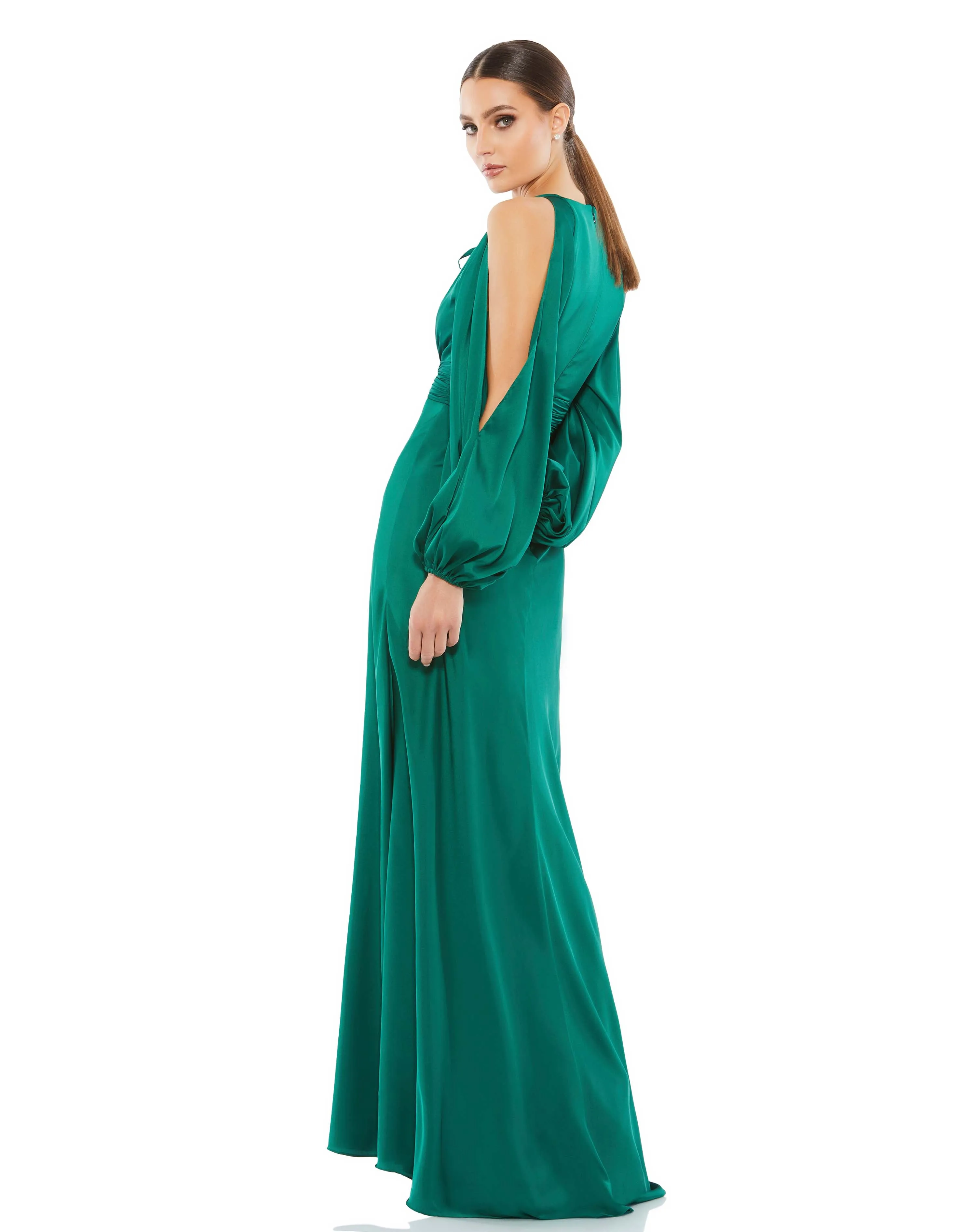 Tied Keyhole Cold Shoulder Bishop Sleeve Gown