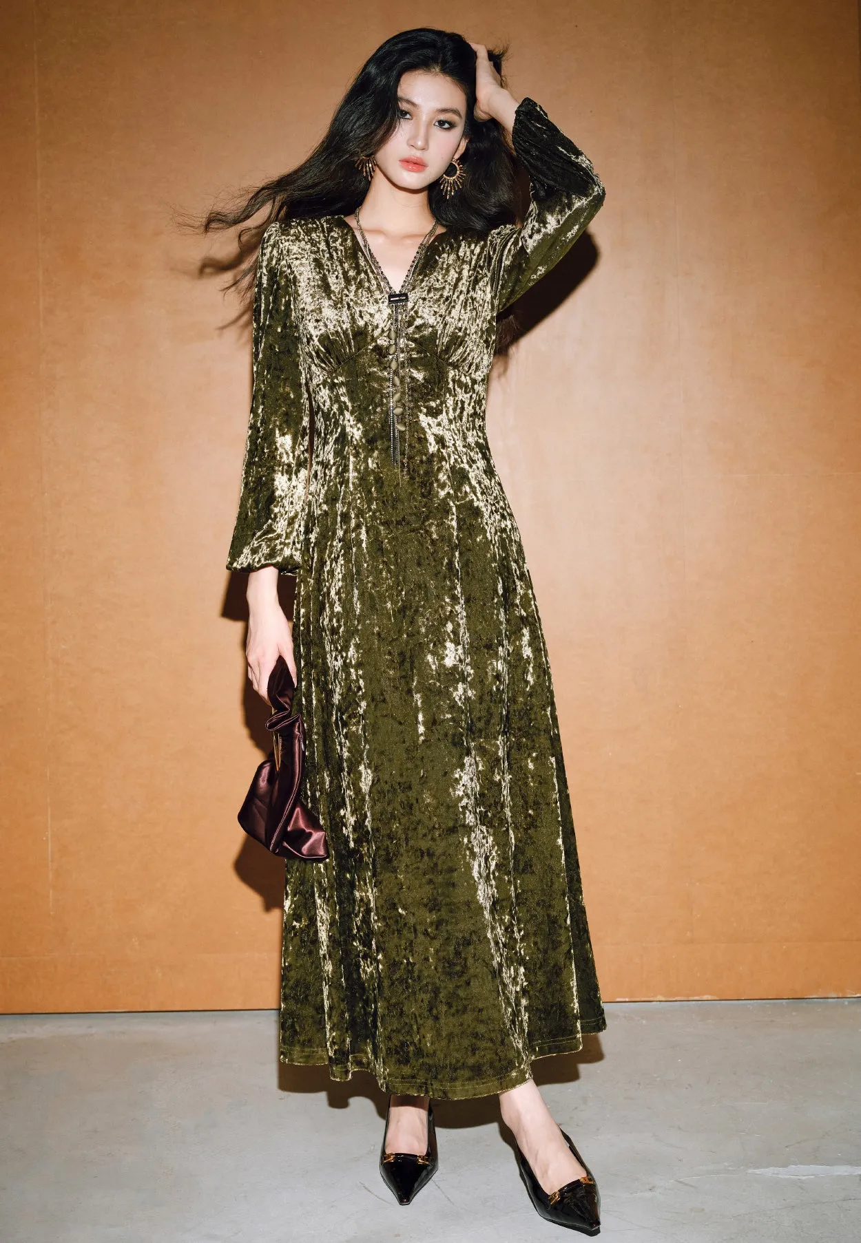 Top Rated V Neck Velvet Elegant Long Sleeve Dress  Going Fast!