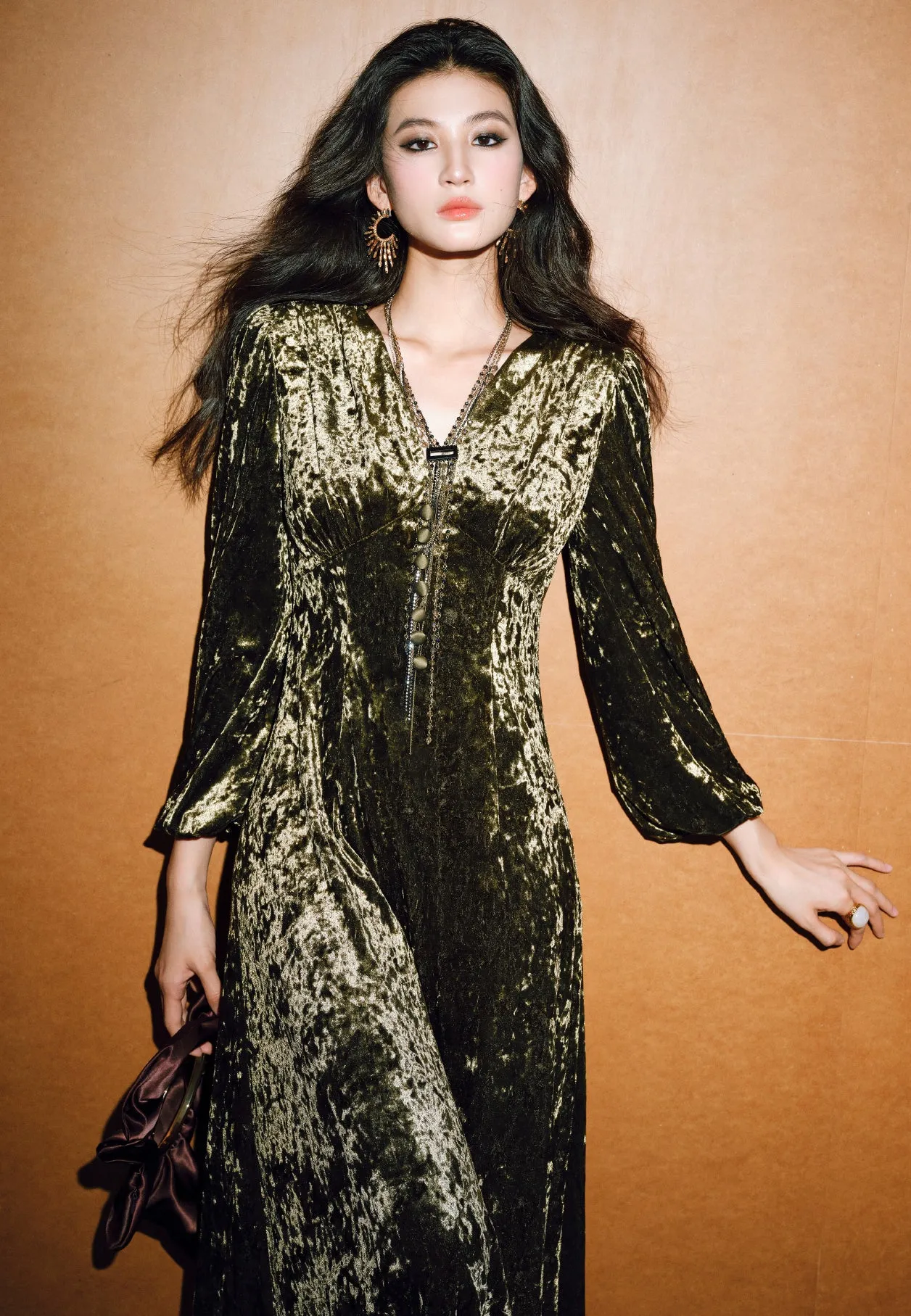 Top Rated V Neck Velvet Elegant Long Sleeve Dress  Going Fast!