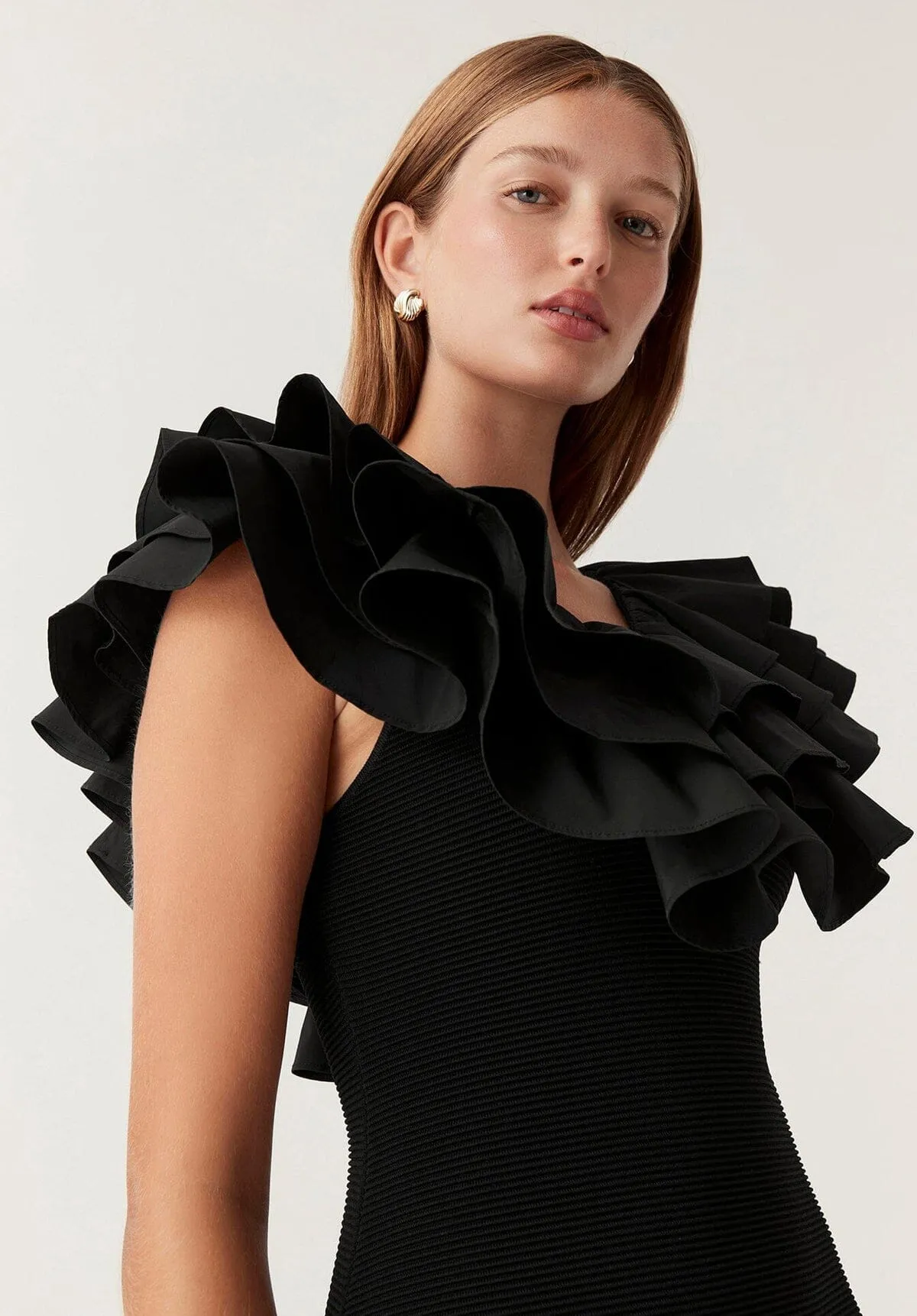 Transcendent Ruffle Midi Dress Black