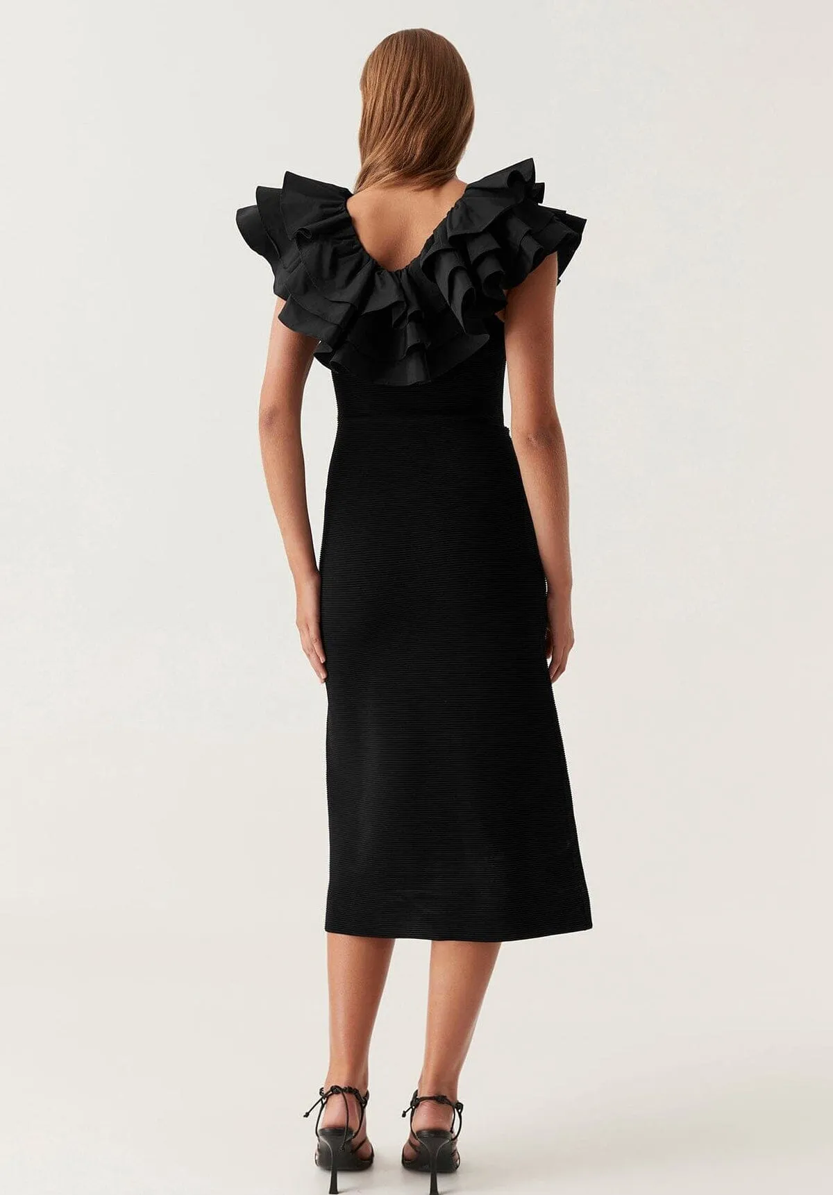 Transcendent Ruffle Midi Dress Black