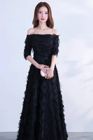 Trending Now HALF SLEEVE OFF SHOULDER SHAGGY MAXI FORMAL DRESS  Last Chance!