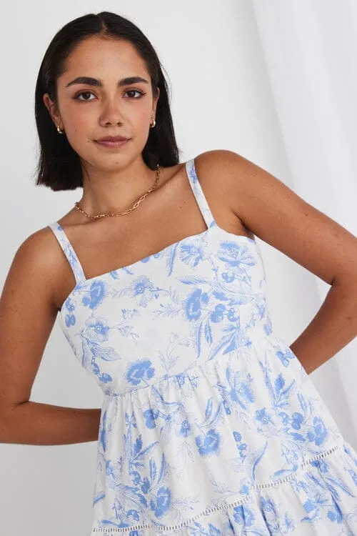 Universe Blue Floral Tie Back Tiered Strappy Maxi Dress - Blue